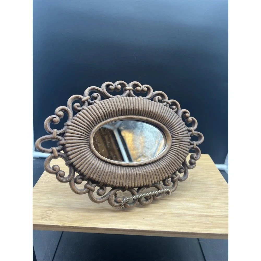 Vintage HOMCO Oval Mirror Wall Decor Brown Plastic Faux Wicker USA 9.5x7